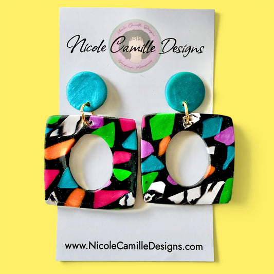 Black & Multicolor Square Clay Earrings