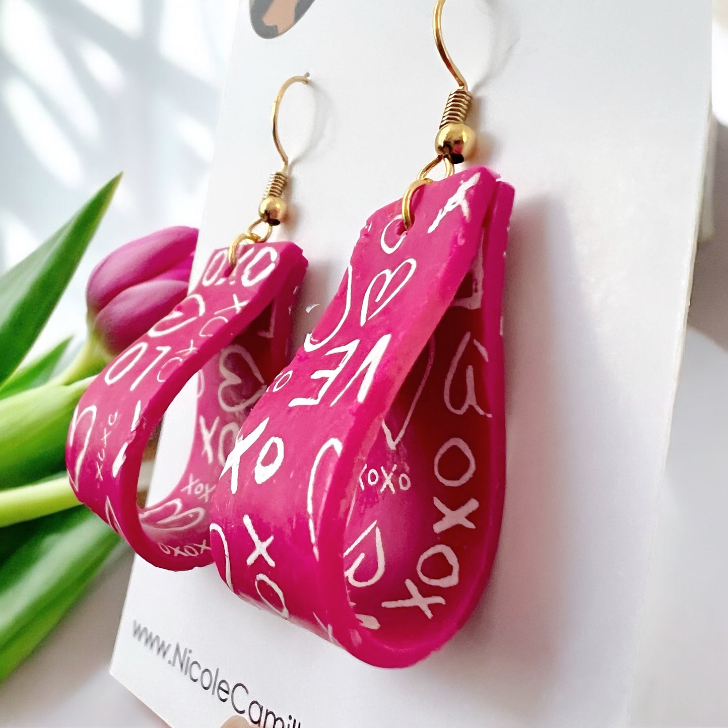 Fuschia VDay Scribble Dangle Clay Earrings