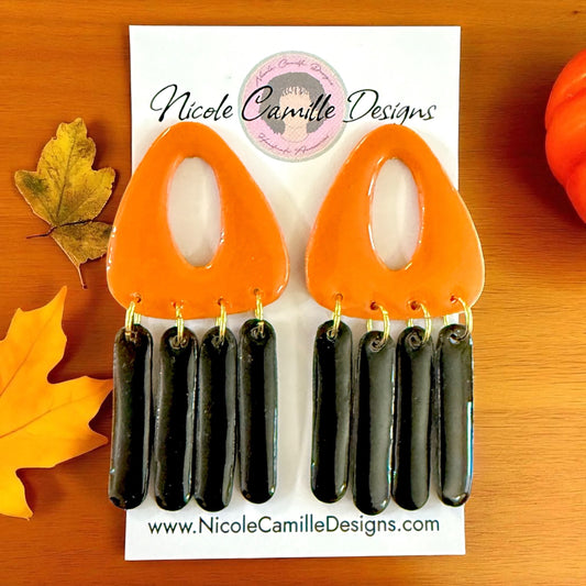 Orange & Black Triangle Dangle Clay Earrings