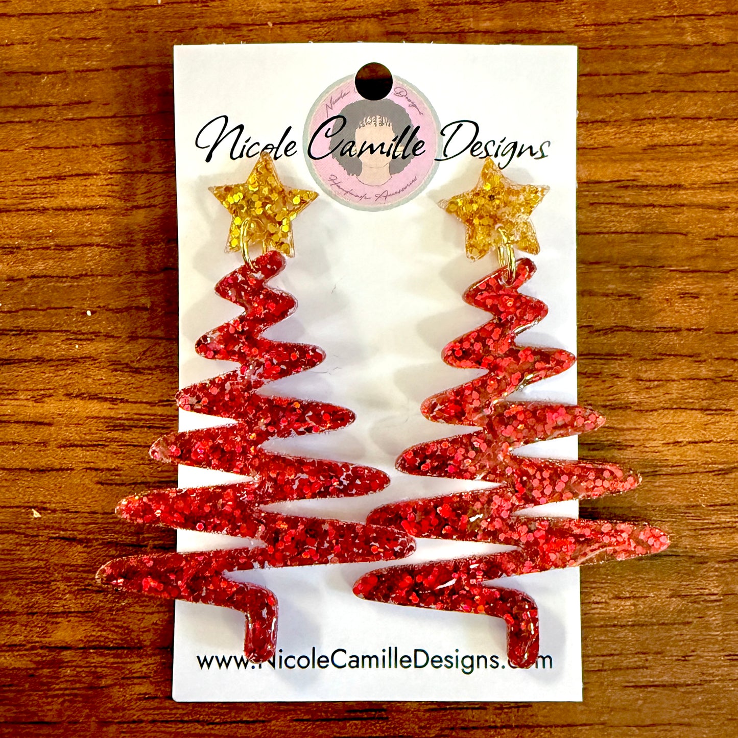Red Glitter Whimsical XMas Tree Resin Earrings