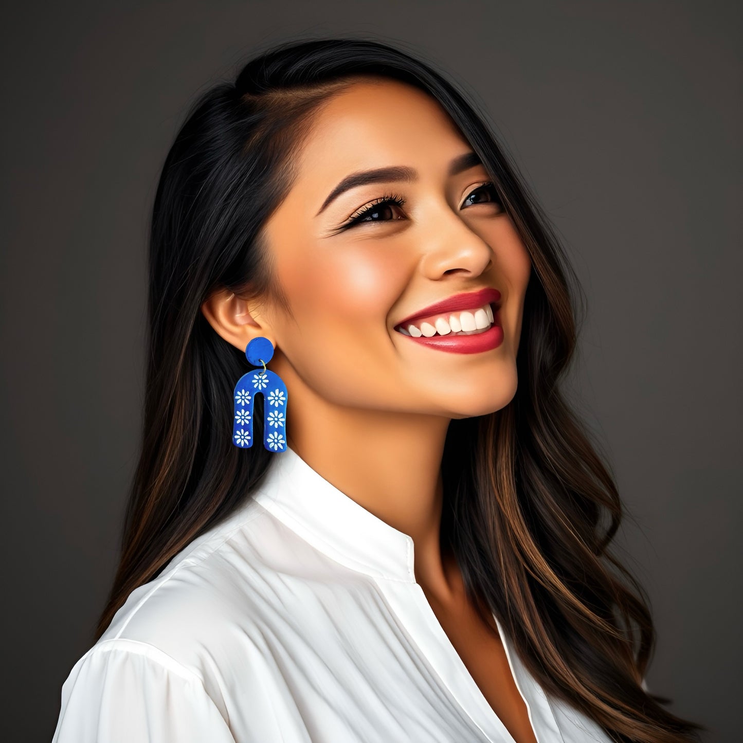 Blue Flower Arch Clay Earrings