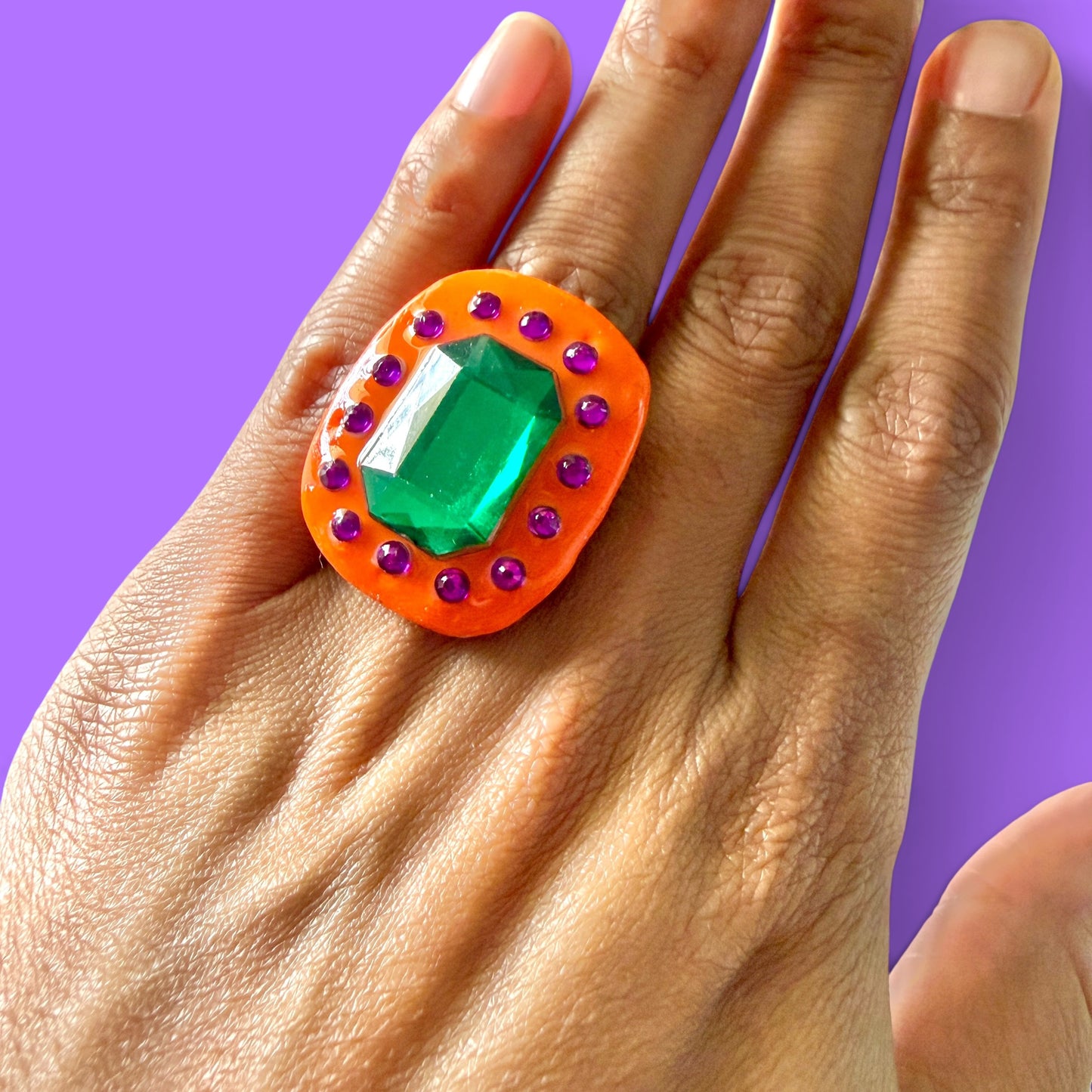 Orange Jeweled Clay Adjustable Ring 1