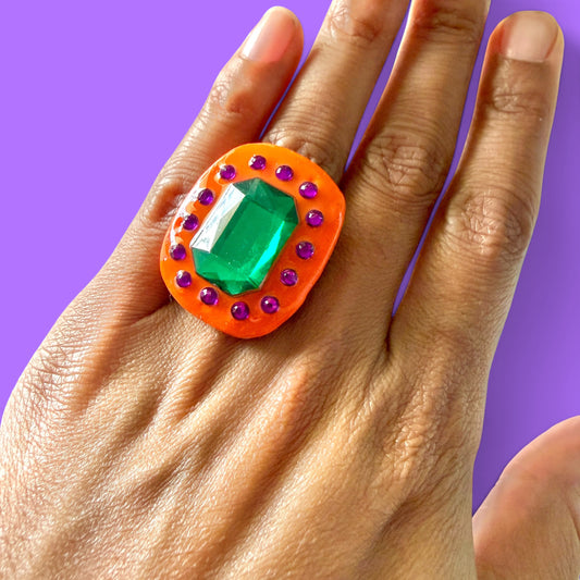 Orange Jeweled Clay Adjustable Ring 1