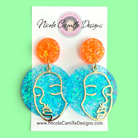 Aqua & Orange Glitter Brass Face Resin Earrings