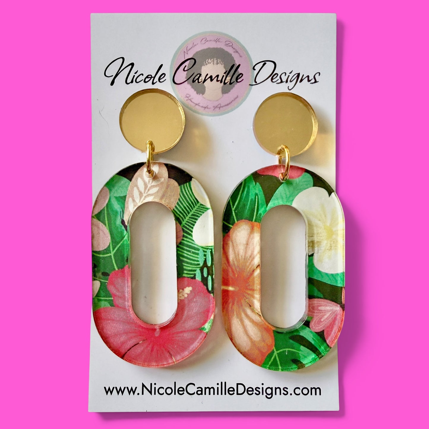 Tropical Print Oval Acrylic Earrings