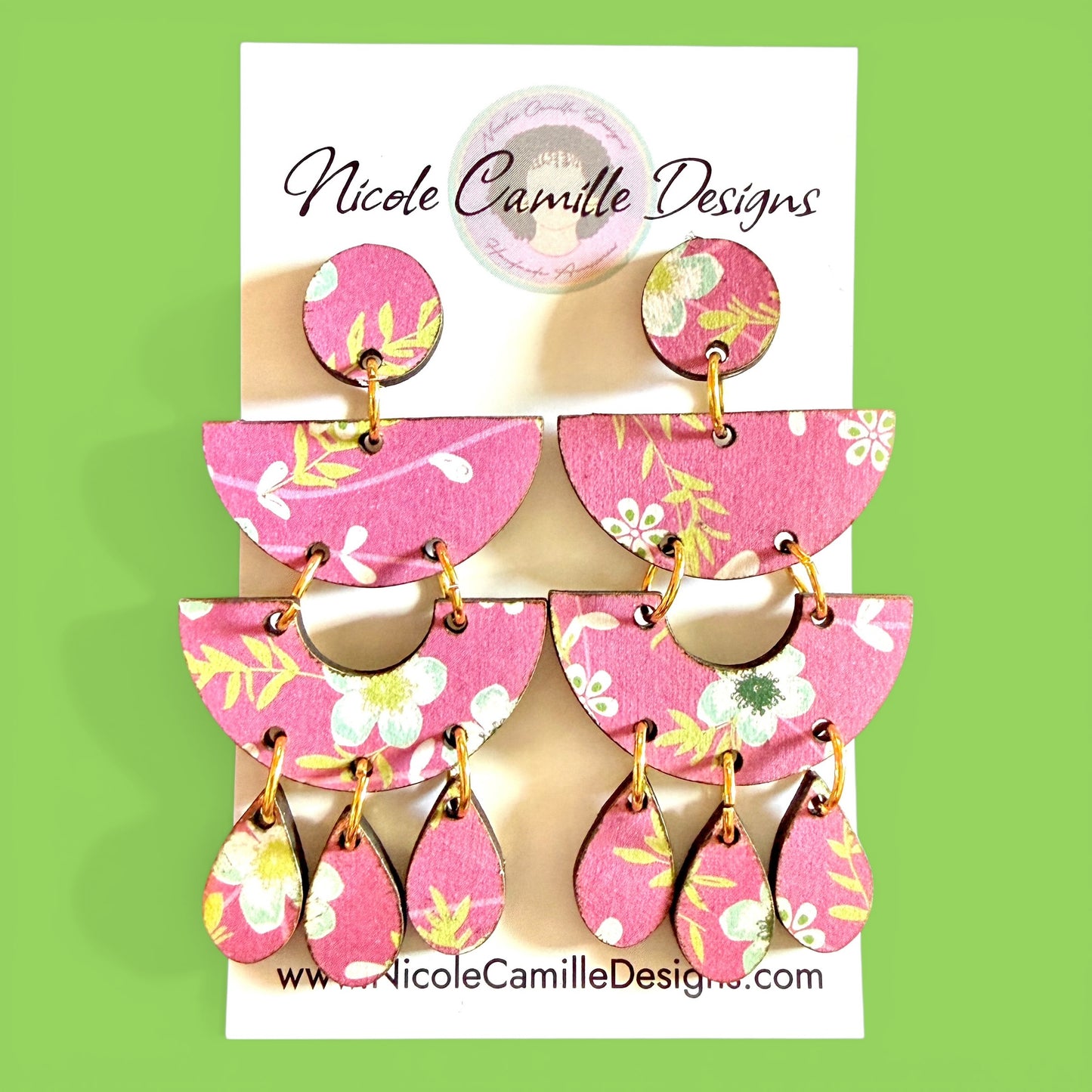 Mauve Floral Print “Barcelona” Wood Earrings