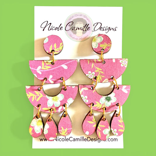 Mauve Floral Print “Barcelona” Wood Earrings