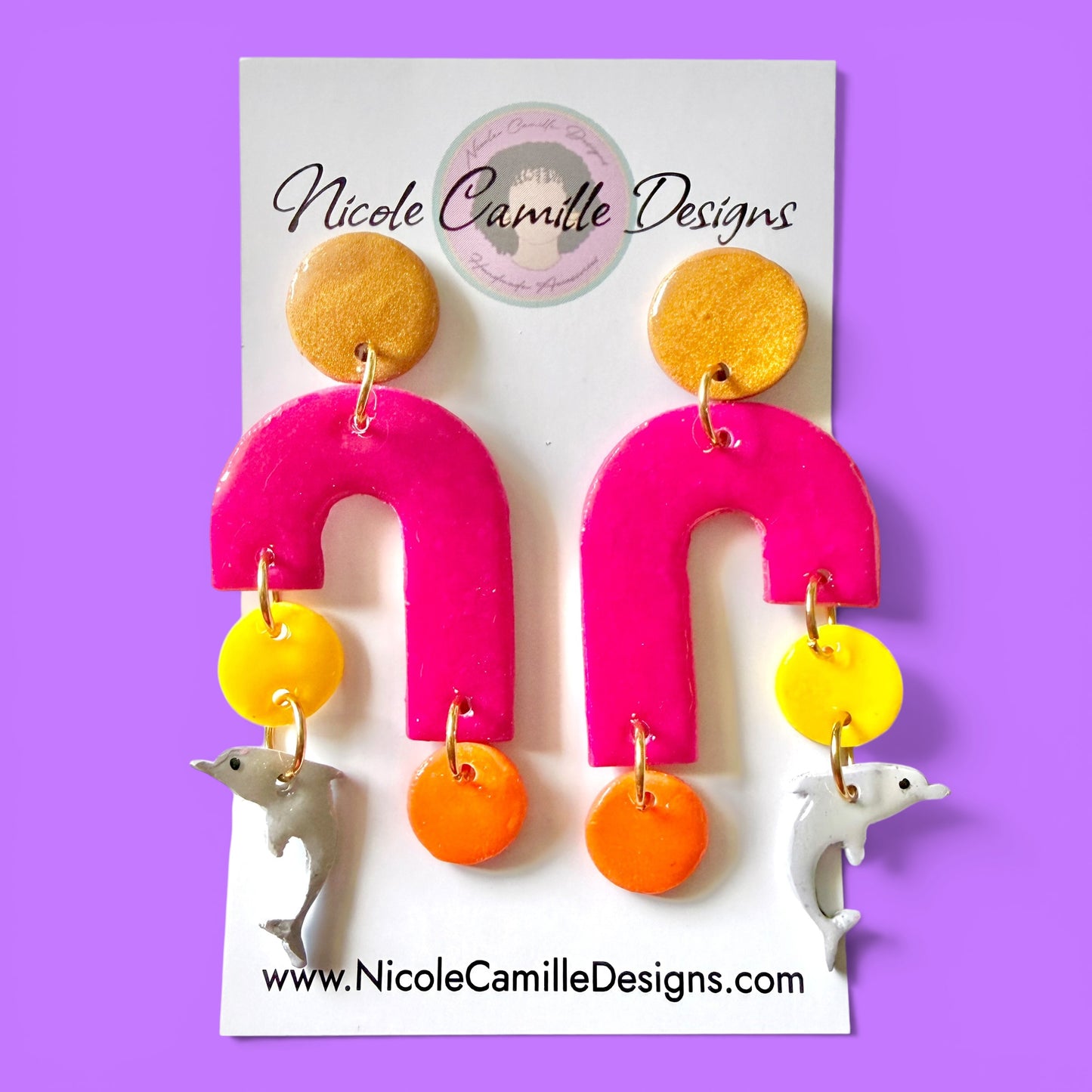 Fuschia Dolphin Arch Clay Earrings