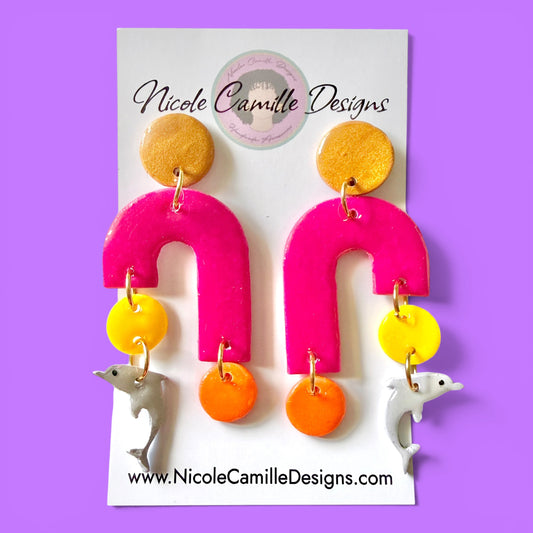 Fuschia Dolphin Arch Clay Earrings