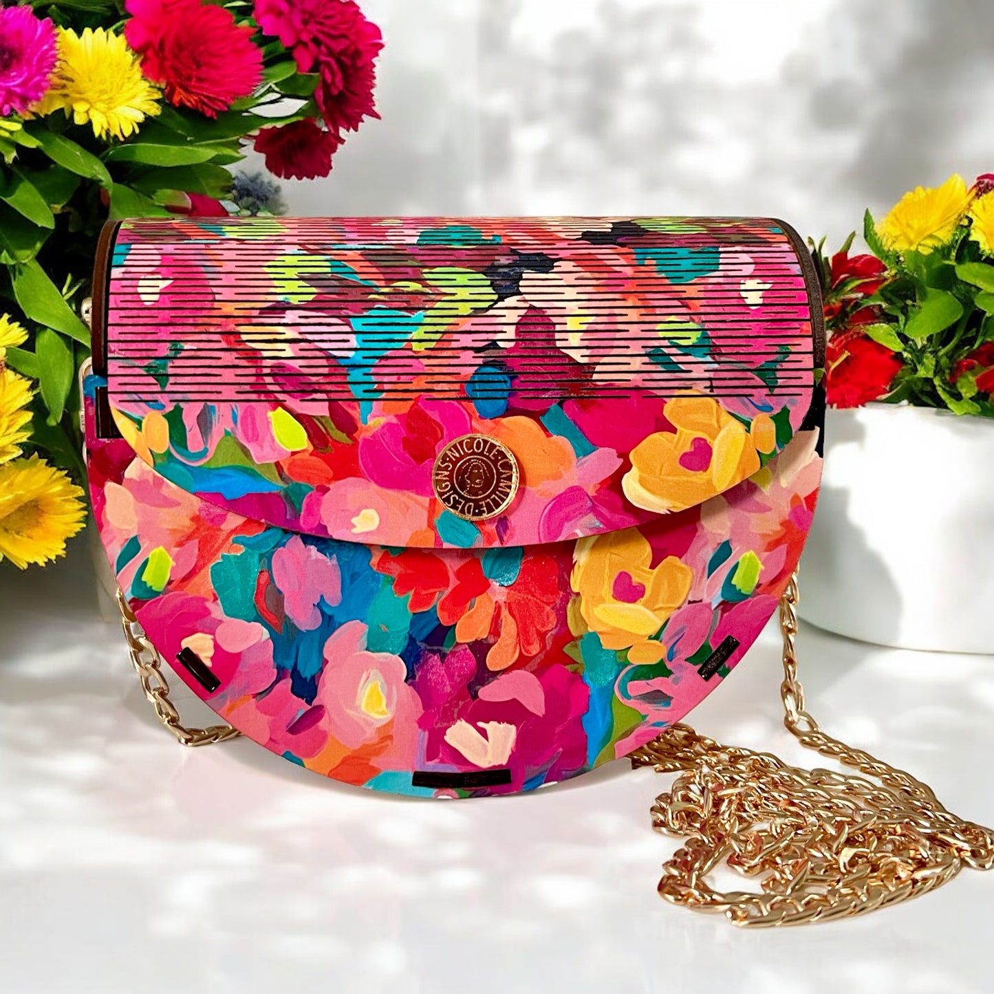 Colorful Floral Wood Purse