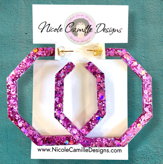 Fuschia Glitter Geo Hoop Resin Earrings