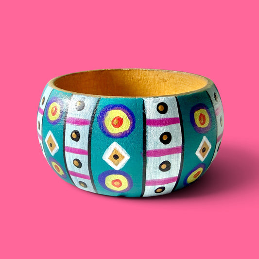 Multicolor Geometric Jumbo Wood Bangle Bracelet