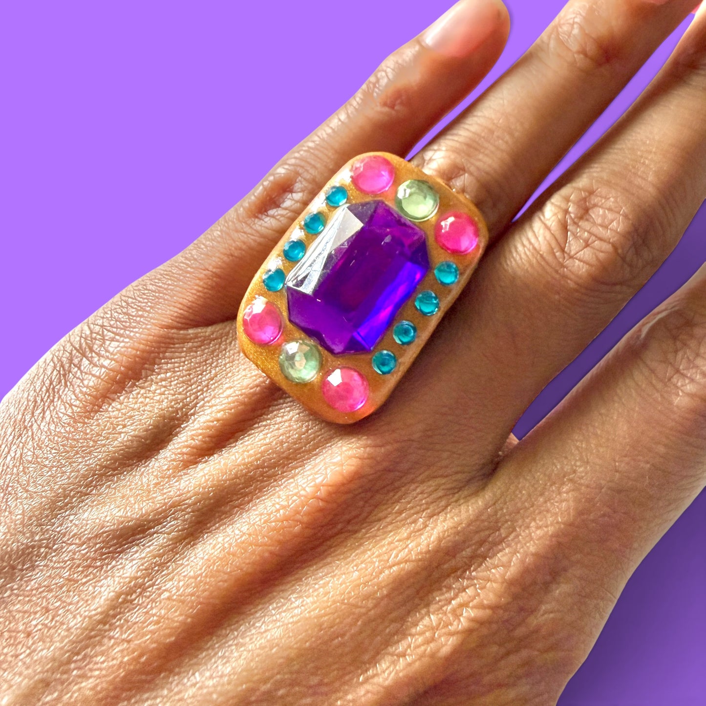 Gold Jeweled Clay Adjustable Ring 1