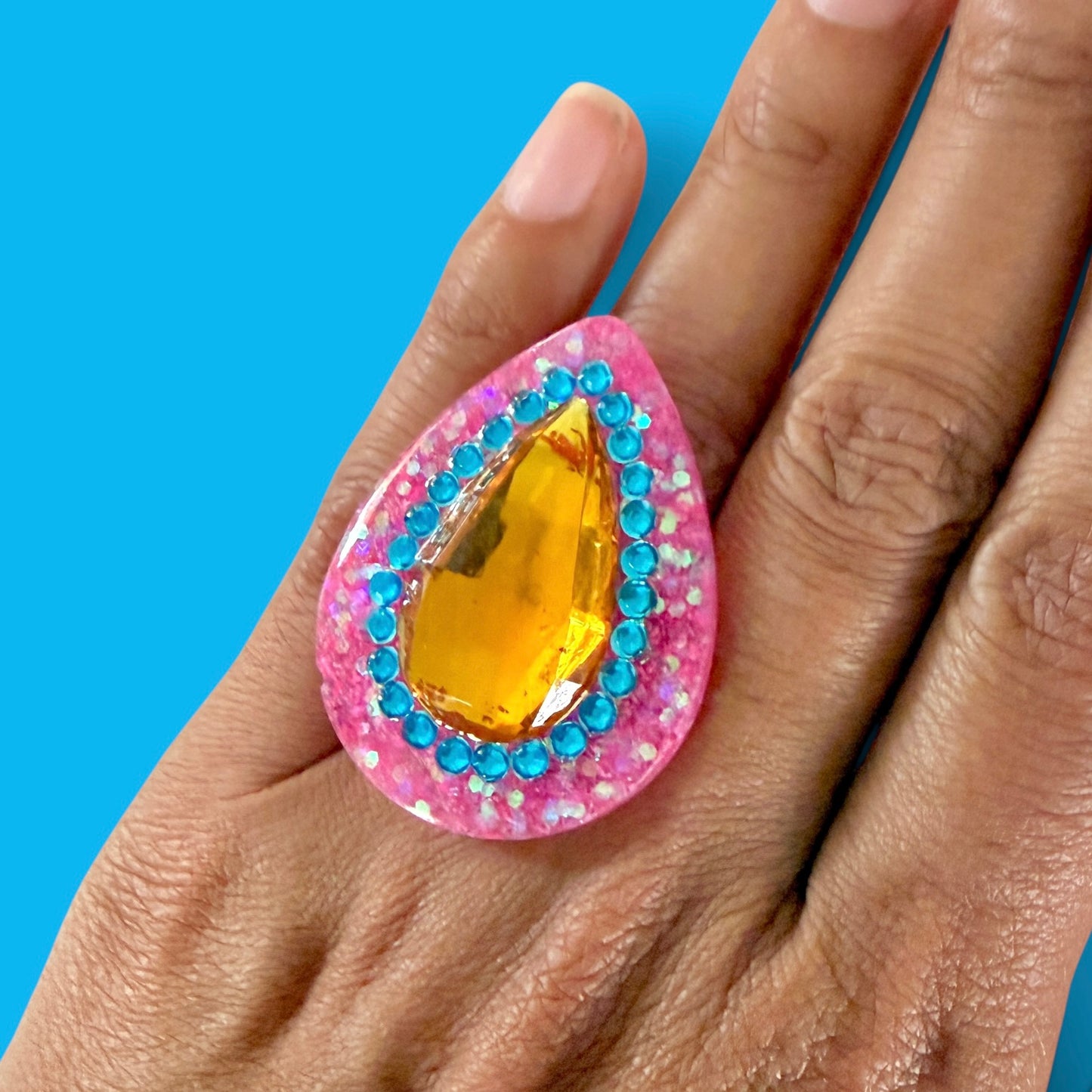 Pink Glitter Teardrop Resin Ring
