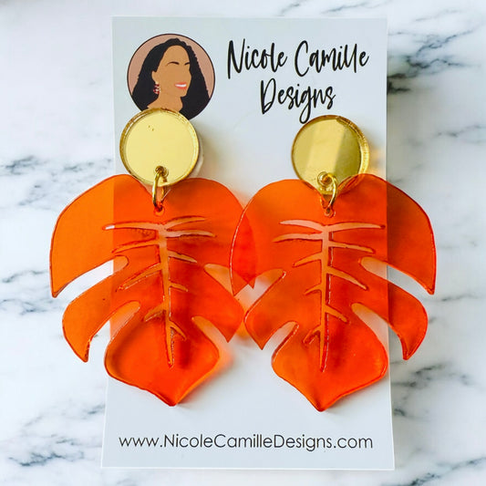 Orange Monstera Acrylic Earrings