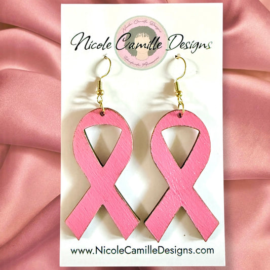 Breast Cancer Ribbon Wood Earrings (Large)