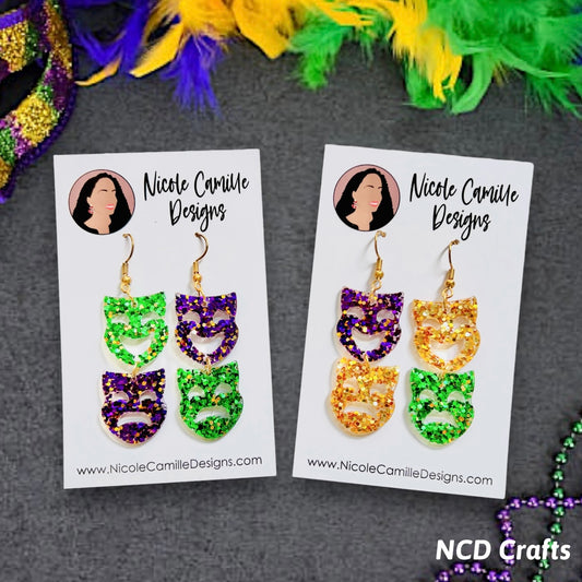 Mardi Gras Dangle Masks Glittery Resin Earrings