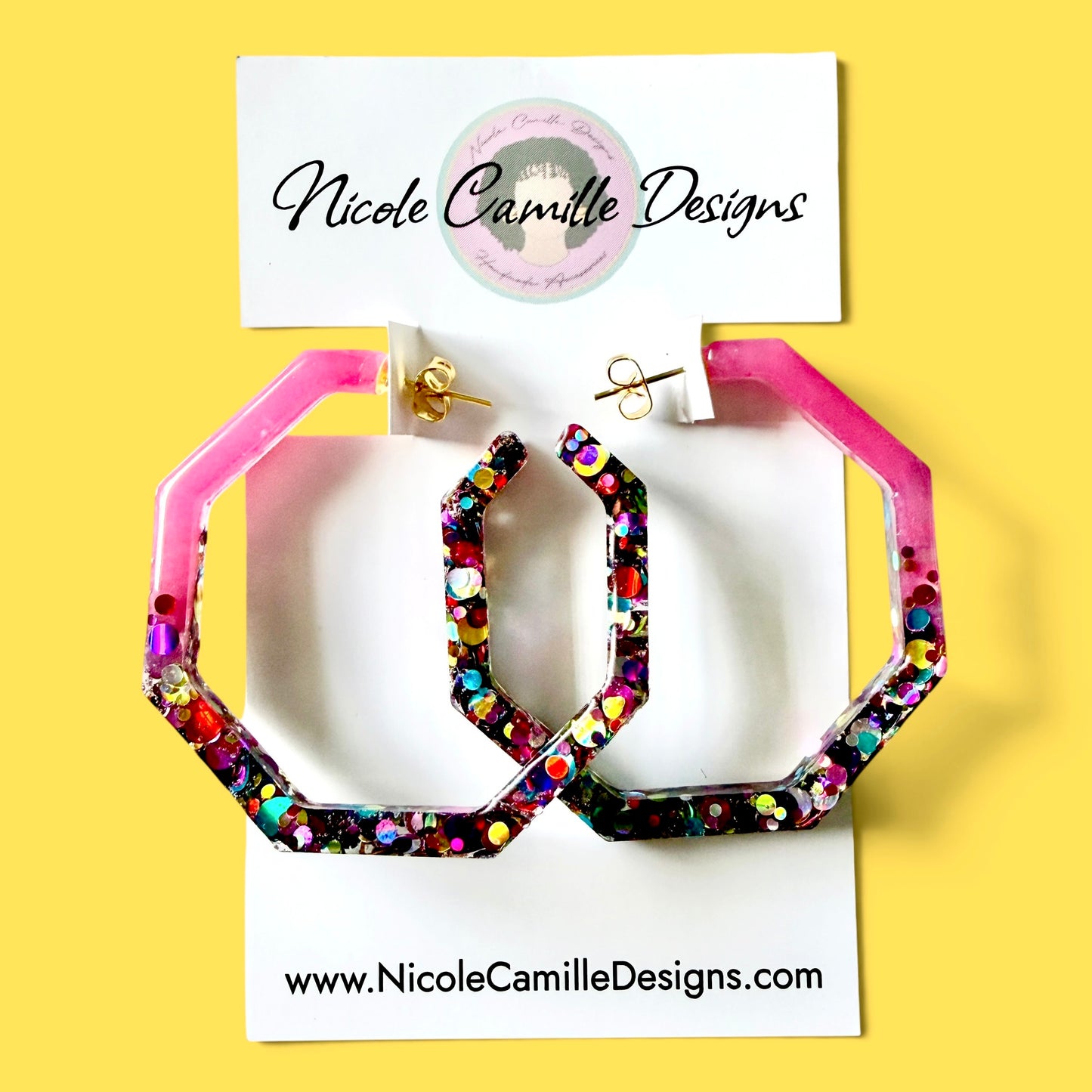 Fuschia Rainbow Glitter Geo Hoop Resin Earrings