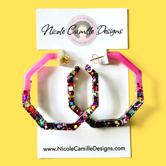 Fuschia Rainbow Glitter Geo Hoop Resin Earrings