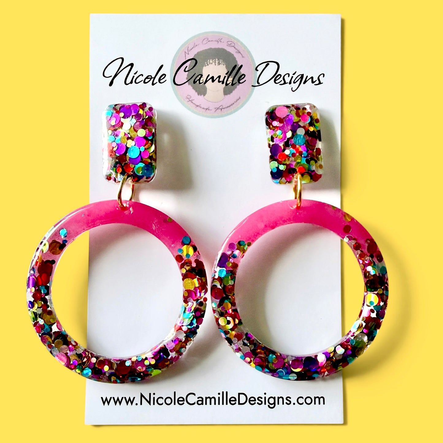 Fuschia Rainbow Glitter Round Resin Earrings