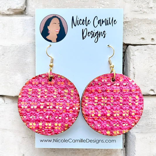 Pink Woven Cloth Disc Wood Earrings