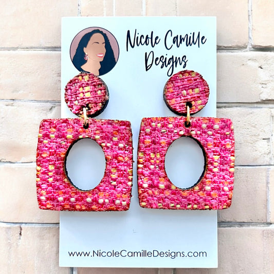 Pink Woven Cloth Square Wood Earrings