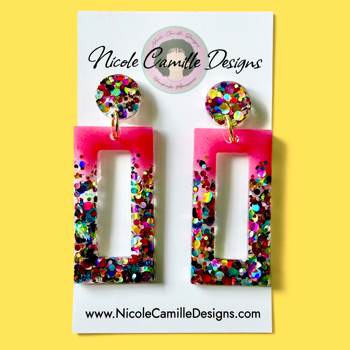 Fuschia Rainbow Glitter Rectangle Resin Earrings