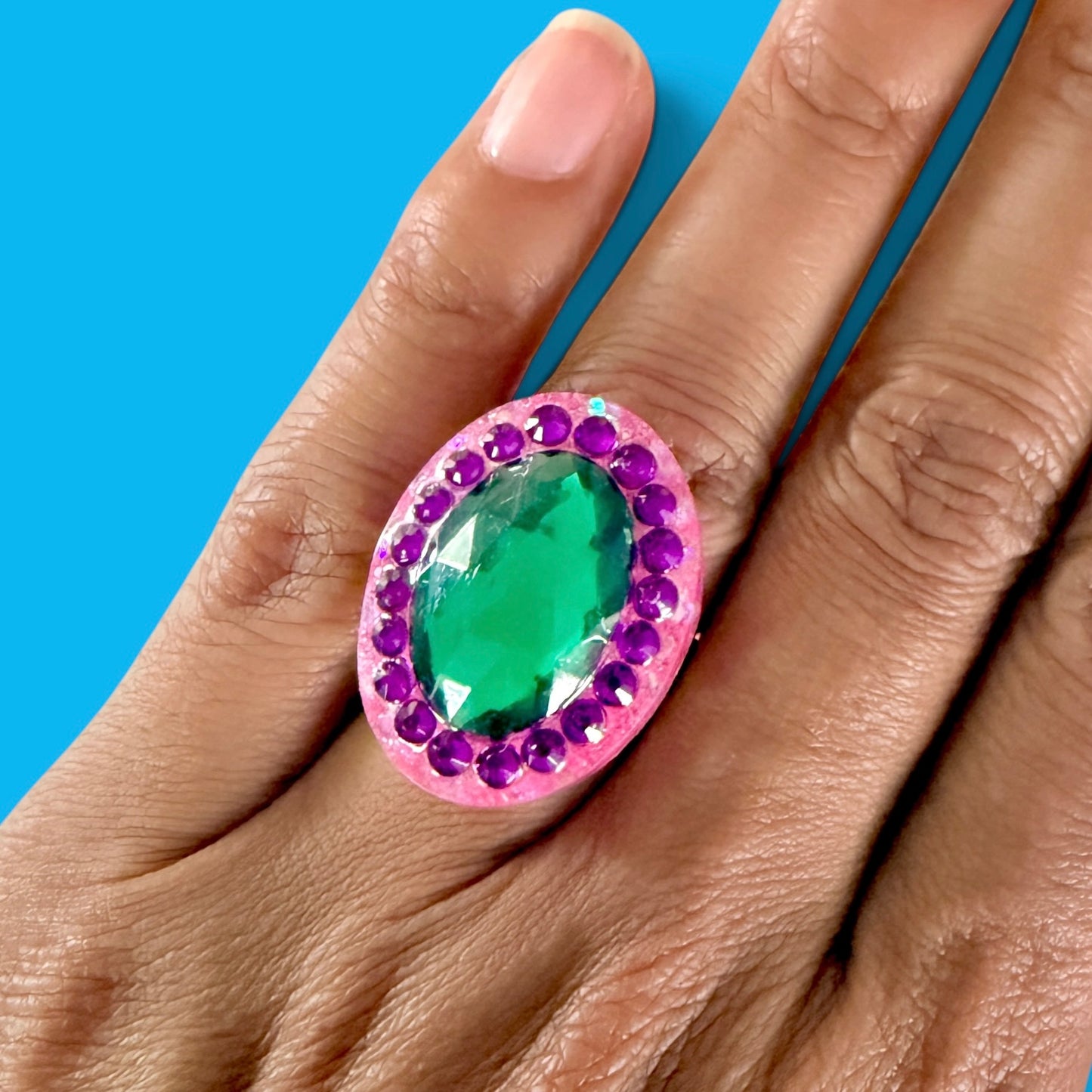 Pink Glitter Oval Resin Ring 2