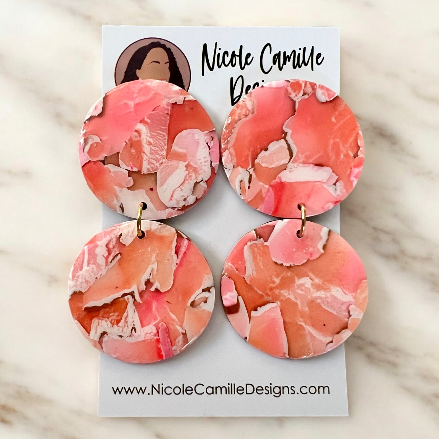 Coral Gemstone 2-Disc Clay Earrings