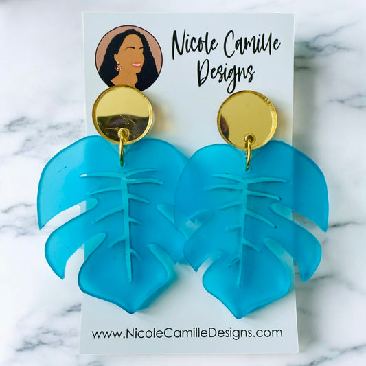 Aqua Monstera Acrylic Earrings