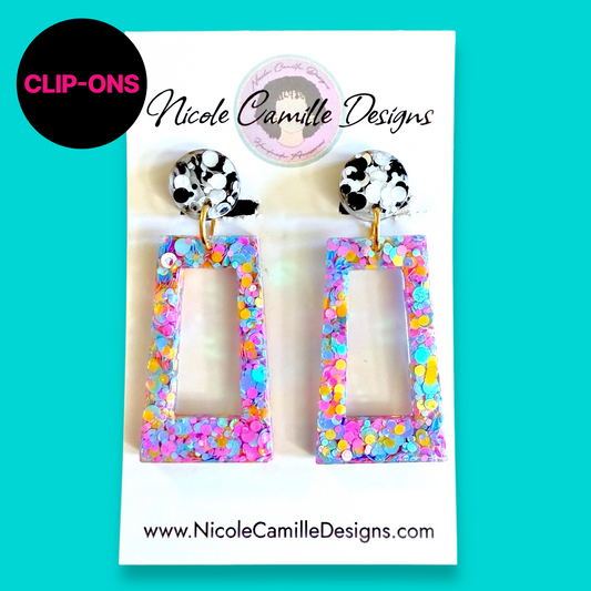 Confetti Glitter Mix Trapezoid Clip-on Resin Earrings