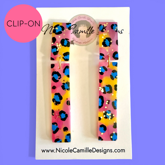 Colorful Leopard Print Skinny Resin Clip-on Earrings