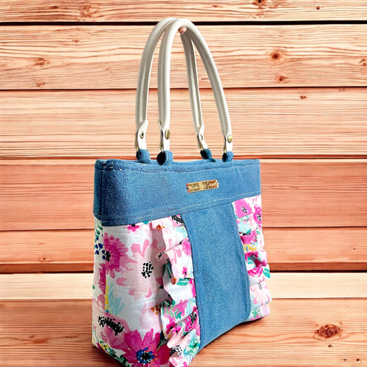 Fuschia Floral Print Ruffle & Denim Purse