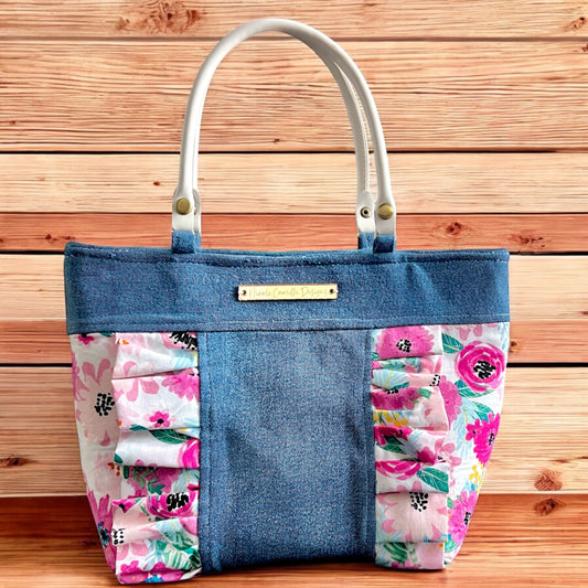 Fuschia Floral Print Ruffle & Denim Purse