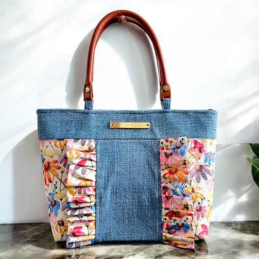 Colorful Daisy Print Ruffle & Denim Purse