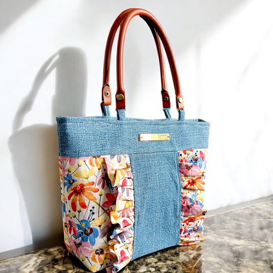 Colorful Daisy Print Ruffle & Denim Purse