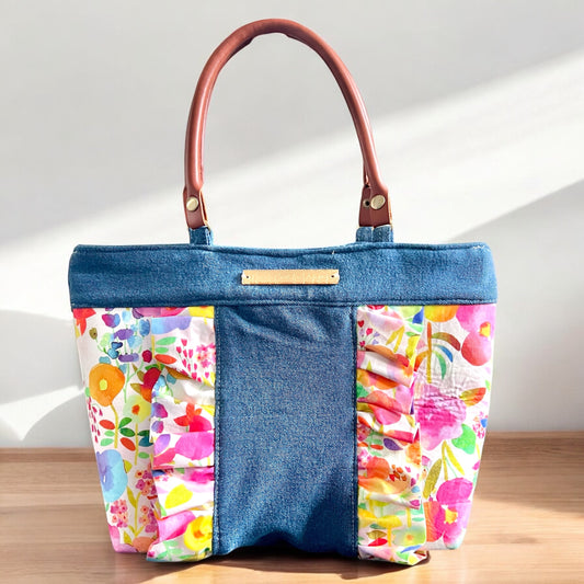 Bold Watercolor Floral Print Ruffle & Denim Purse (Prototype)