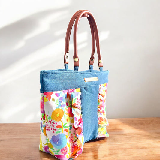 Bold Watercolor Floral Print Ruffle & Denim Purse (Prototype)