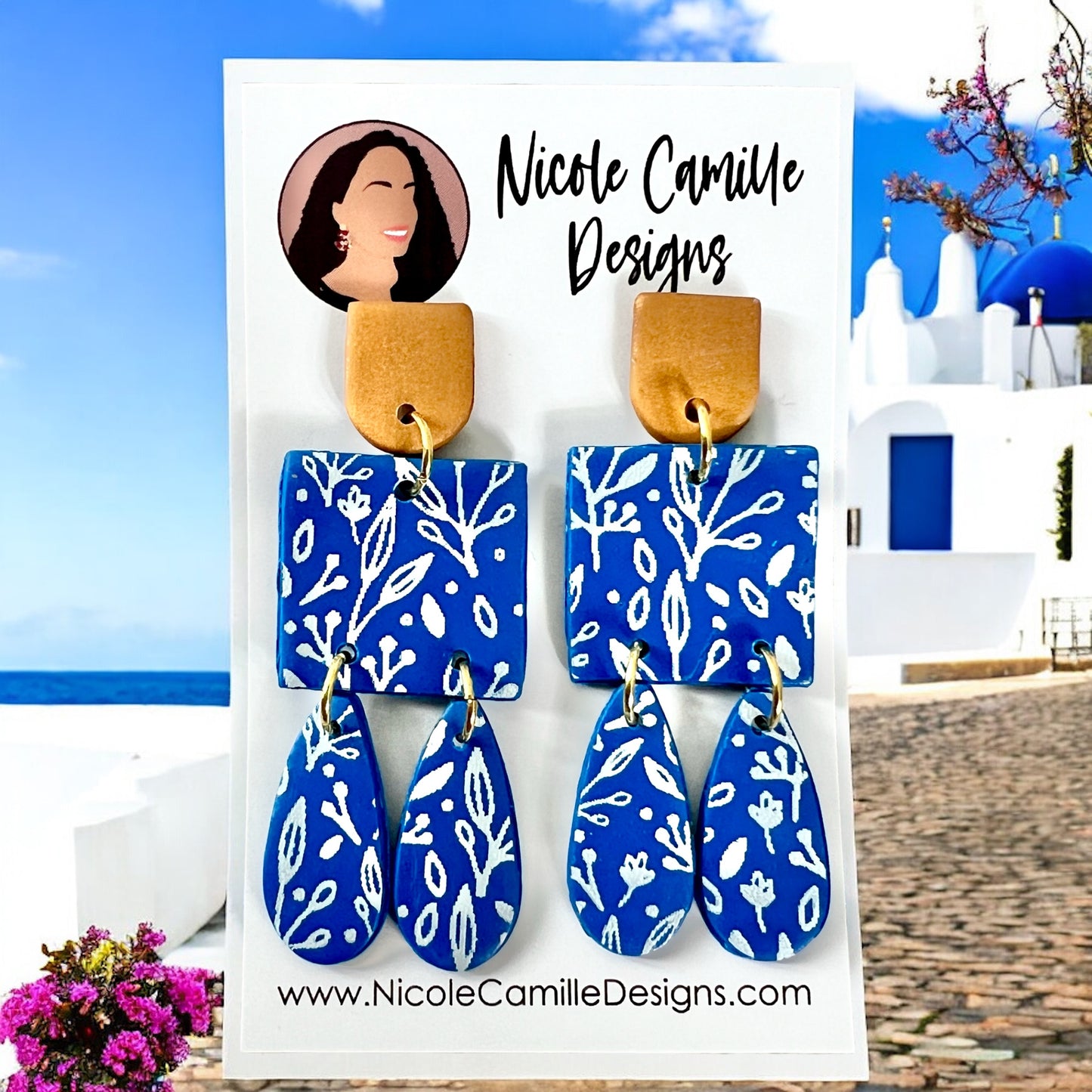 Blue & White Print Square Dangle Clay Earrings