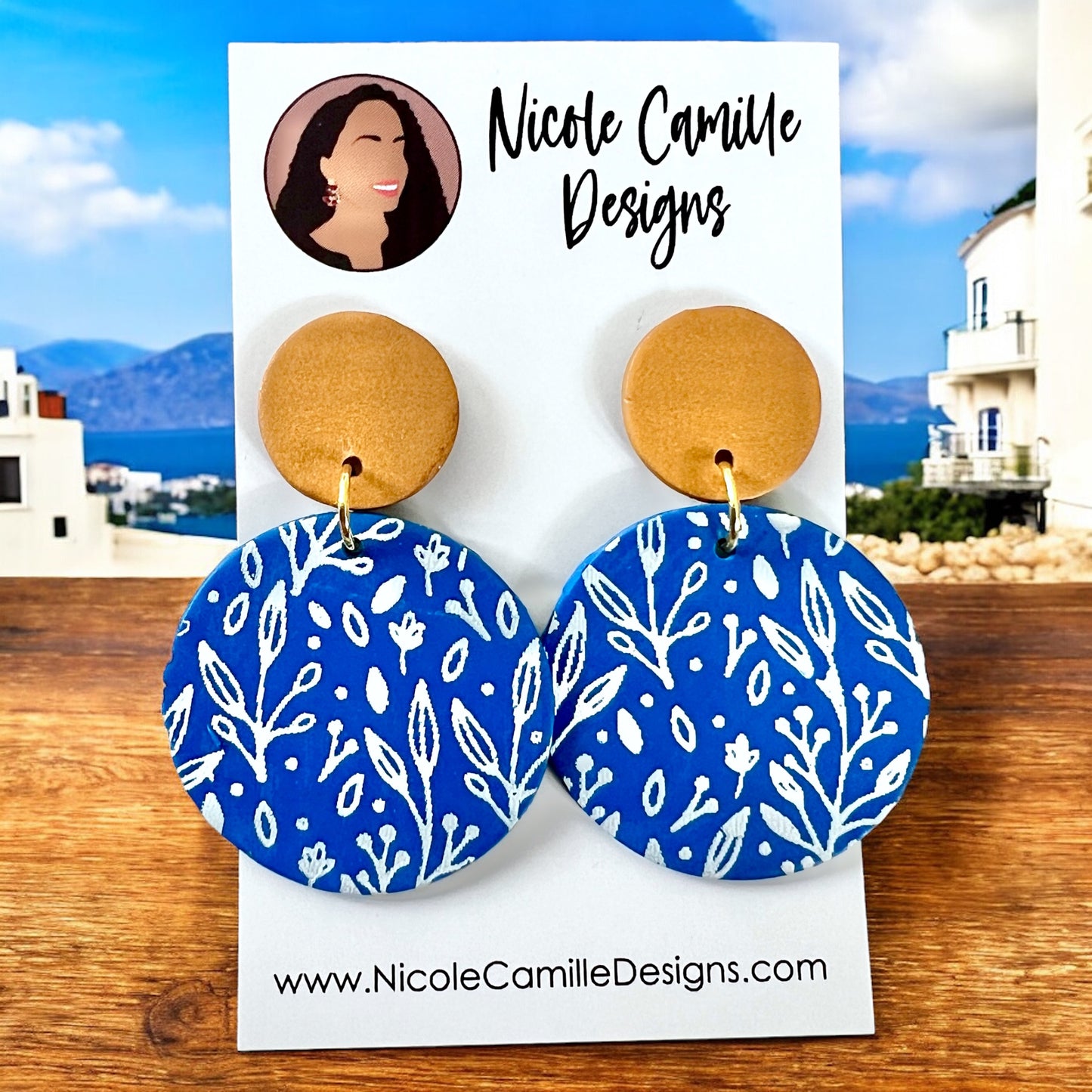 Blue & White Print Disc Clay Earrings