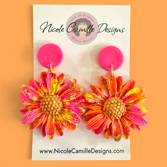 Pink & Yellow Swirl Flower Clay Earrings