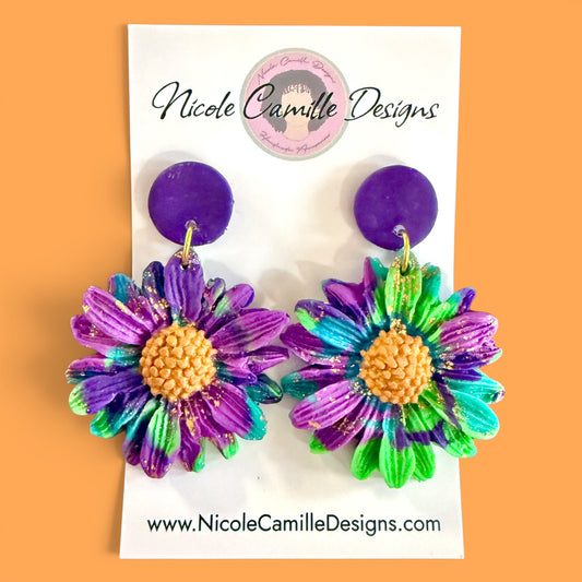 Purple & Teal Swirl Flower Clay Earrings