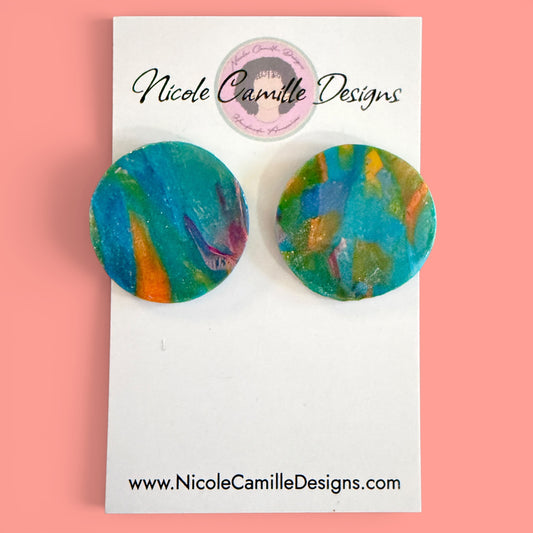 Teal Swirl Large Studs Clay Earrings