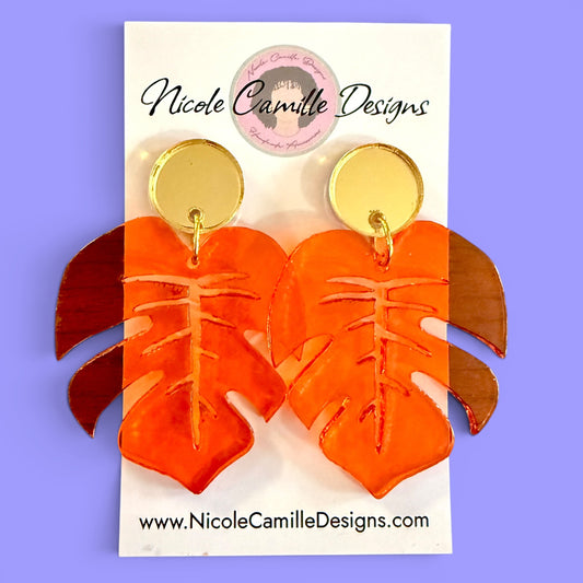 Orange Monstera Acrylic Earrings