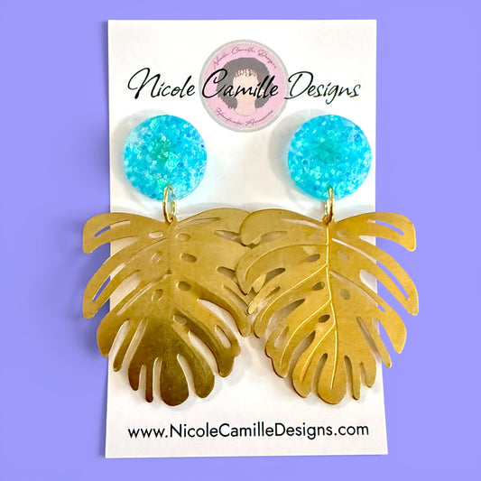 Brass Monstera & Aqua Glitter Resin Earrings