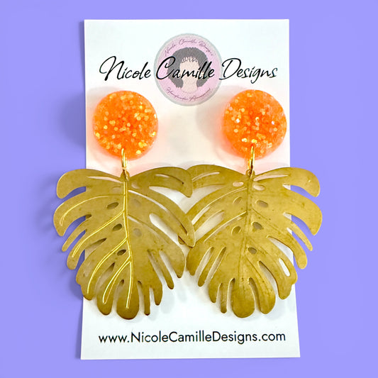 Brass Monstera & Orange Glitter Resin Earrings