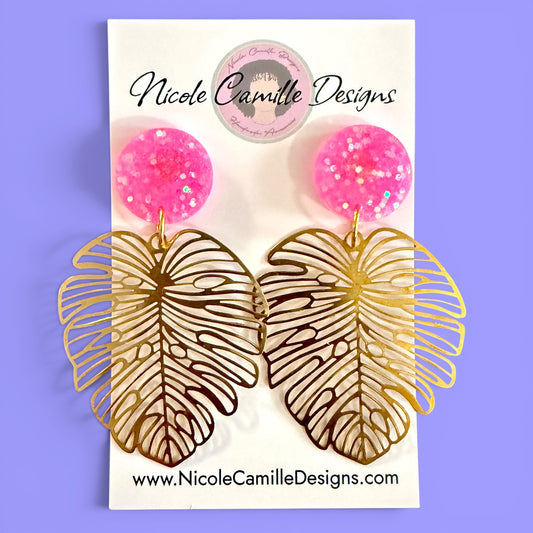 Brass Monstera & Pink Glitter Resin Earrings