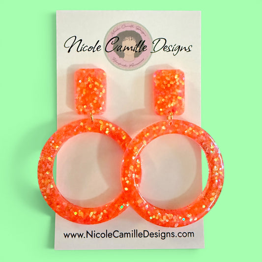 Orange Glitter Round Resin Earrings