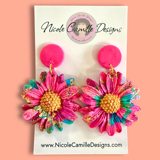 Pink & Teal Swirl Flower Clay Earrings