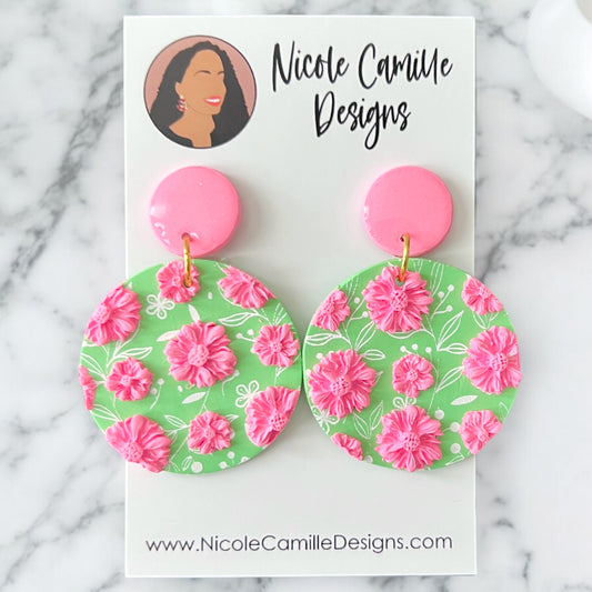 Mint & Pink Floral Disc Clay Earrings